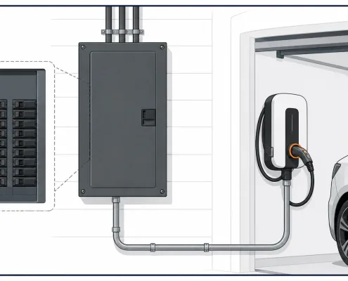 Illustration of a home electrical panel connected to a Level 2 EV charger in a garage
