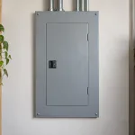 Closed residential electrical panel cover in a home utility space, centered in a dark navy frame with a small orange accent.