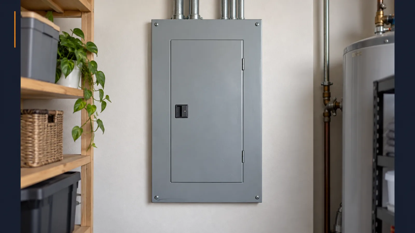 Closed residential electrical panel cover in a home utility space, centered in a dark navy frame with a small orange accent.