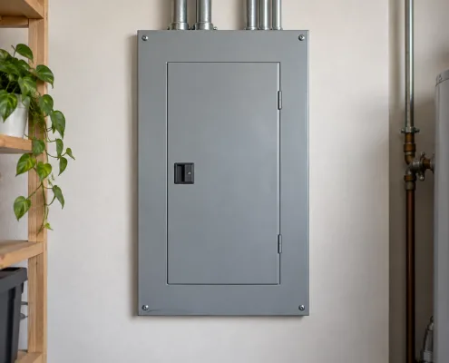Closed residential electrical panel cover in a home utility space, centered in a dark navy frame with a small orange accent.