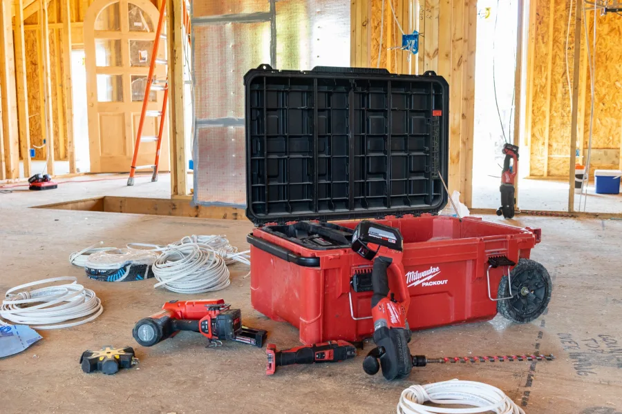 Electrical tools and wire spools on a job site