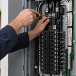 Electrician inspecting and tightening connections inside an open residential electrical panel during an annual whole-home checkup