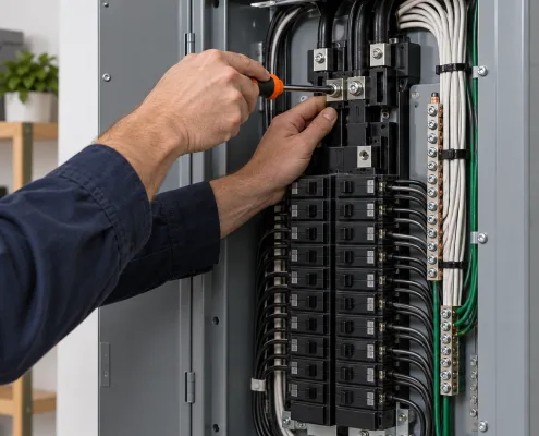 Electrician inspecting and tightening connections inside an open residential electrical panel during an annual whole-home checkup